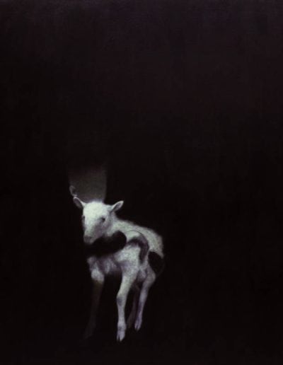 A painting of a white goat in the dark